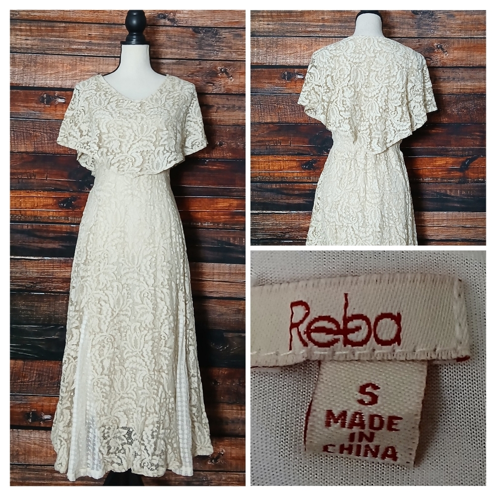 Reba Dress S Midi Ivory Cream Lace Shawl Bib Flared Skirt Beaded Lined Retro